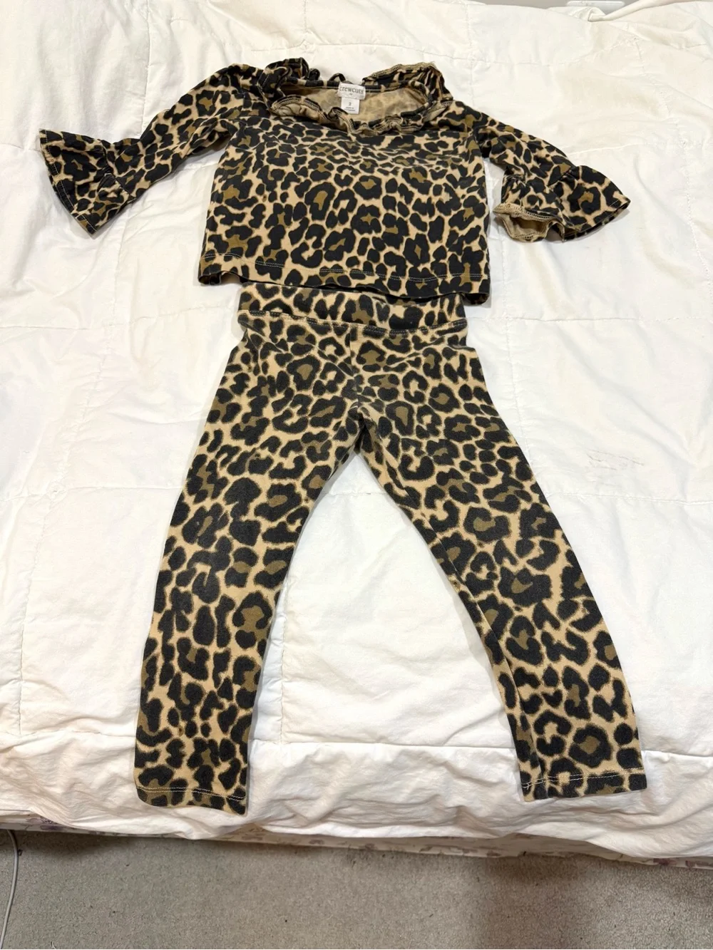 Crewcuts Leopard Print Ruffle Top & Leggings Set - Tan Black